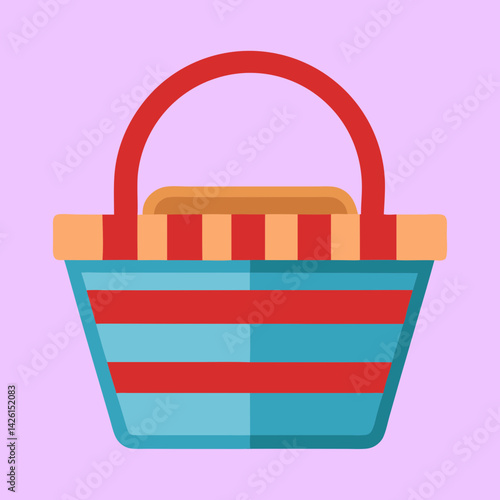 Colorful striped picnic basket with a red handle ready for a outing