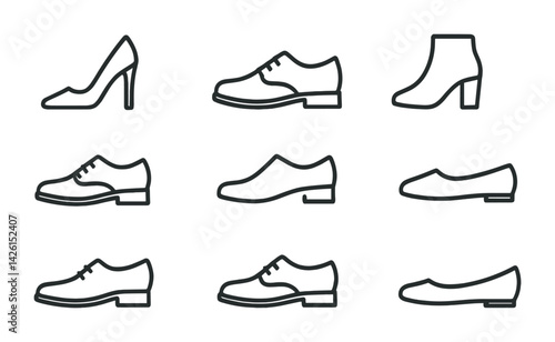 Elegant shoe icons set: linear style featuring heels, loafers, boots, and flats