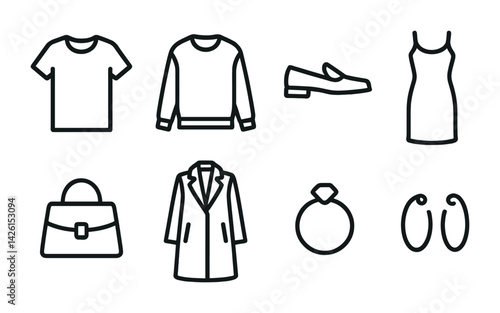 Fashion icon set: clothing and accessories in modern outline style for designers