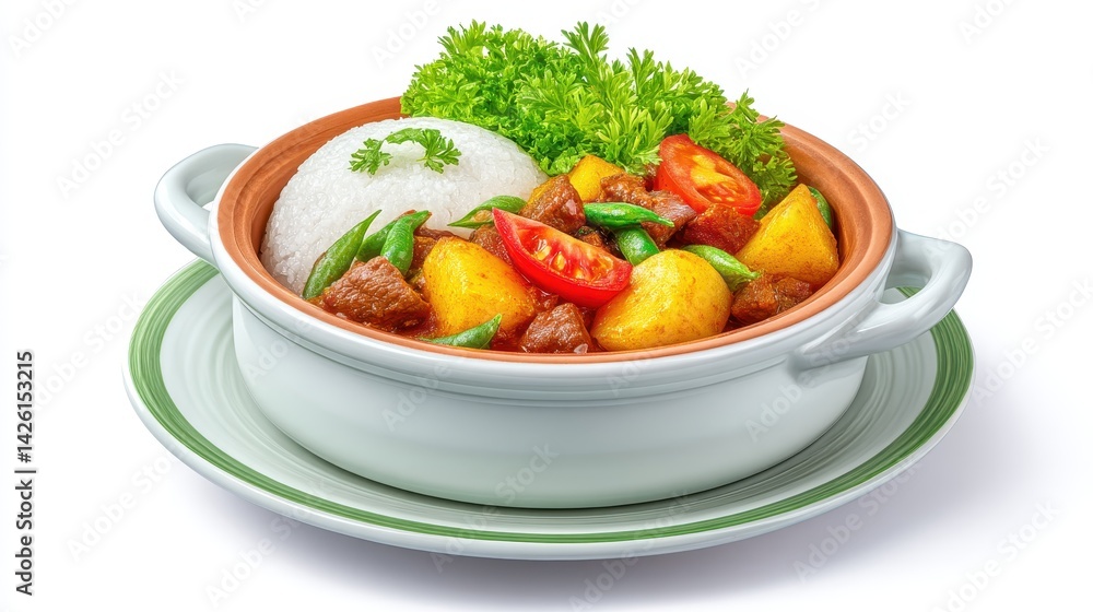A bowl of delicious meal isolated on a white background featuring various appetizing ingredients ready to enjoy A bowl of delicious meal isolated on a white background featuring various appetizing ingredients ready to enjoy