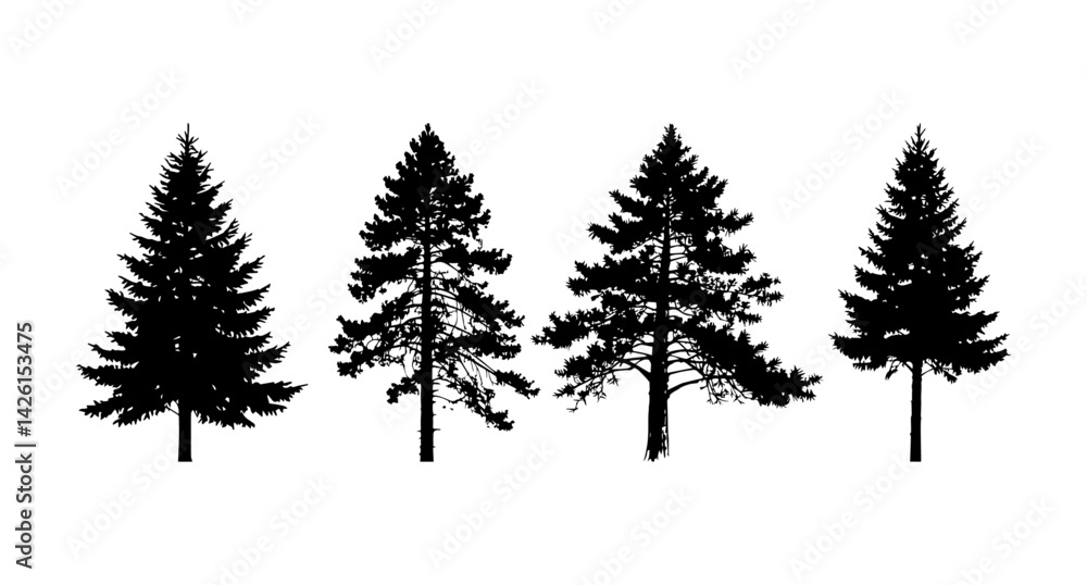 Obraz premium Silhouette of pine trees collection for minimalist forest design nature artwork and decoration ideas