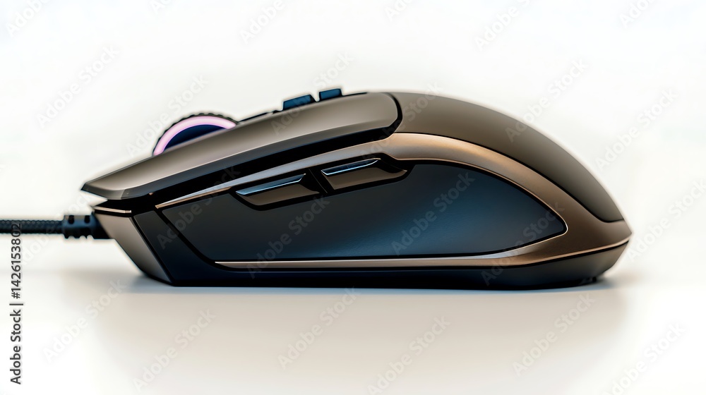 Side profile of a sleek, dark computer mouse with buttons and an illuminated wheel on a white surface