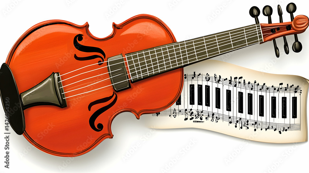 Fototapeta premium Orange violin, musical notes, piano keys, white background; music education illustration