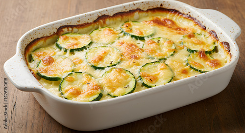Baked Zucchini Casserole With Melted Cheese On Wooden Table