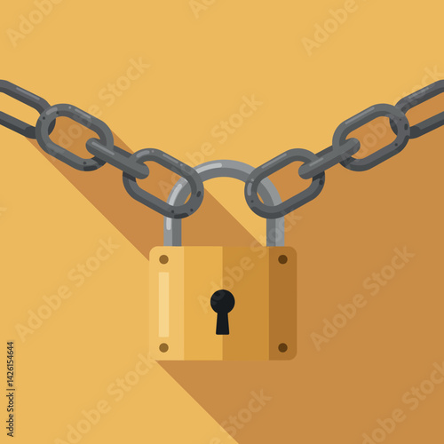 Padlock secured with metal chain flat icon illustration in yellow background