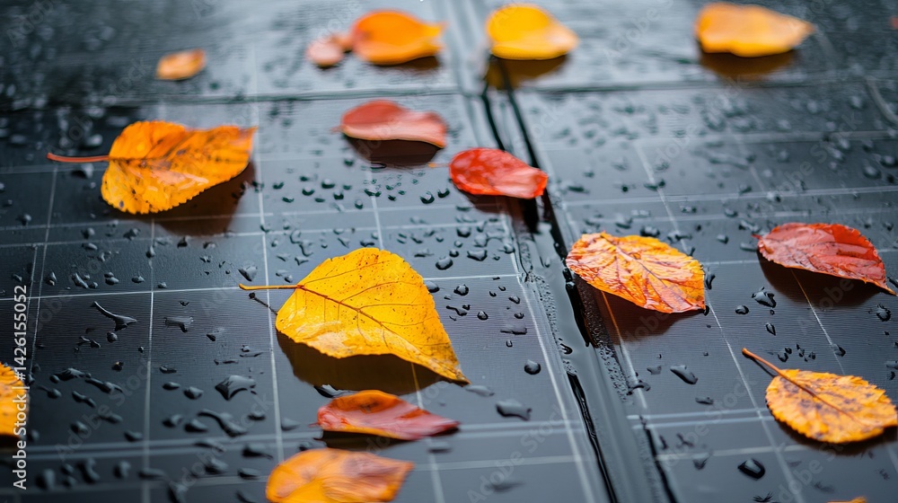 Fototapeta premium Autumn Leaves on Wet Solar Panel Renewable Energy Nature Fall Season Colorful Yellow Orange Red Leaves Rain Drops Dark Background Clean Energy Sustainable Technology Environmental Conservation 