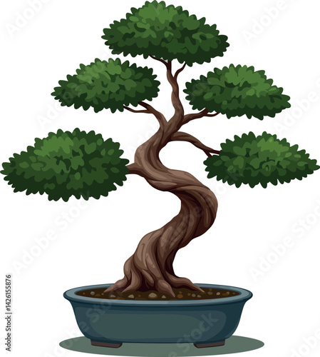Bonsai tree with twisted trunk and lush green foliage in ceramic pot vector illustration 