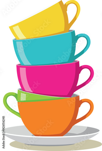 Colorful stacked coffee cups with yellow turquoise pink green and orange in vector illustration 