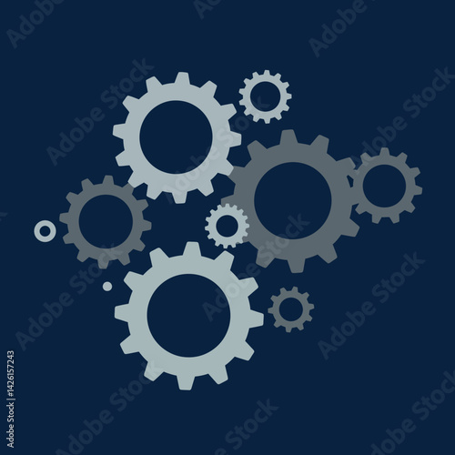 Interlocking mechanical gears vector illustration with blue and gray tones on dark background 