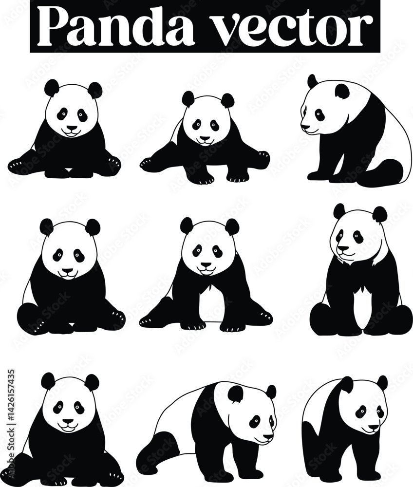 Naklejka premium Panda Black and White Bear Illustrations Silhouettes