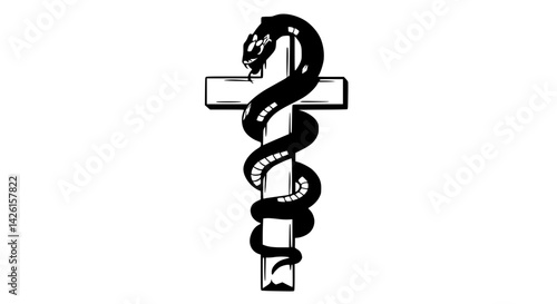 Stark black and white tattoo-style illustration of a snake coiled around a cross, symbolizing themes like temptation, healing, or duality