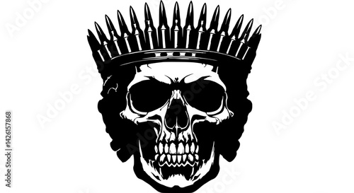 Detailed grayscale illustration of a human skull wearing a bullet crown, symbolizing deadly power or conflict royalty