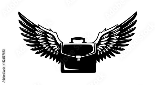 Monochrome vintage-style graphic of a winged briefcase, symbolizing business mobility, career freedom, or soaring ambition 