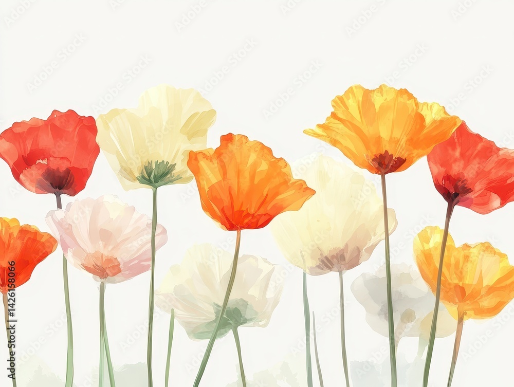 Obraz premium Poppies in watercolor bloom against white backdrop