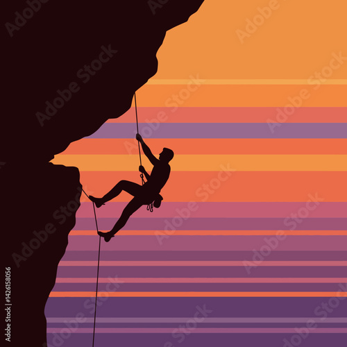 Rock climbing silhouette on cliff with sunset background in orange and purple vector illustration 