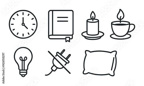 Night routine icon set: essentials for relaxation and sleep in linear style