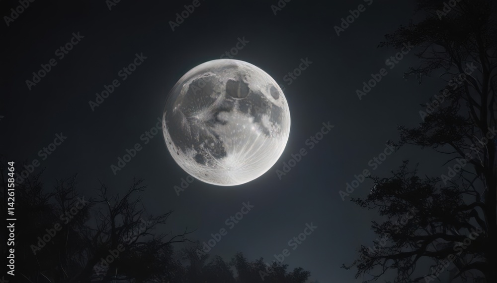 Low-hanging full moon casts eerie glow on dark, starless night , night, woods Low-hanging full moon casts eerie glow on dark, starless night , night, woods