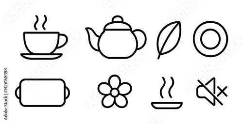 Minimalist tea and bakery icon set: cup, teapot, leaf, plate, rolling pin, flower, steam, mute