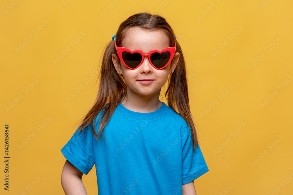 Smiling little child girl dressed in a blue t-shirt and red funny sunglasses on yellow studio background. Summer travel vacation with children, advertising concept. Banner, mock up, copy space