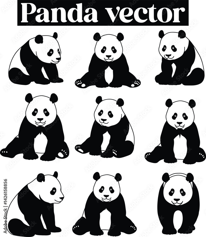 Fototapeta premium Panda Black and White Bear Illustrations Silhouettes