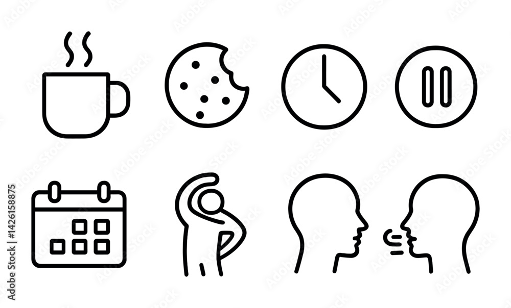Daily life icon set: coffee, cookie, clock, pause, calendar, stretch, conversation - linear style