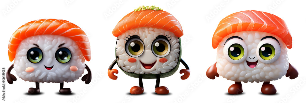 custom made wallpaper toronto digitalCartoon character of a cute smiling little sushi with big eyes, feet and hands, looking at camera. Isolated on white or transparent background, collection and variation. Png. Generative Ai.