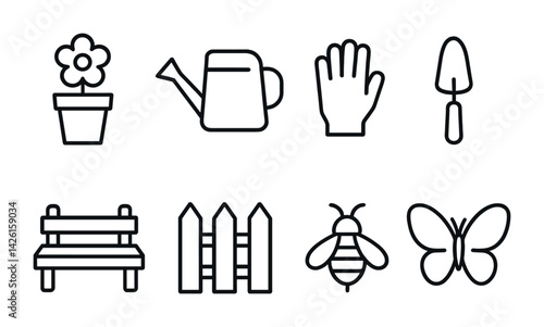Garden tools and nature icons set - linear design with flat elements for gardening and outdoors