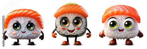 Wallpaper Mural Cartoon character of a cute smiling little sushi with big eyes, feet and hands, looking at camera. Isolated on white or transparent background, collection and variation. Png. Generative Ai. Torontodigital.ca