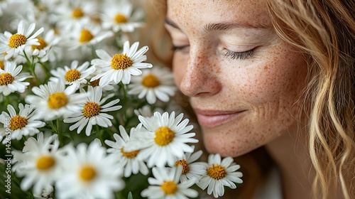 Relaxed woman enjoying chamomile flowers