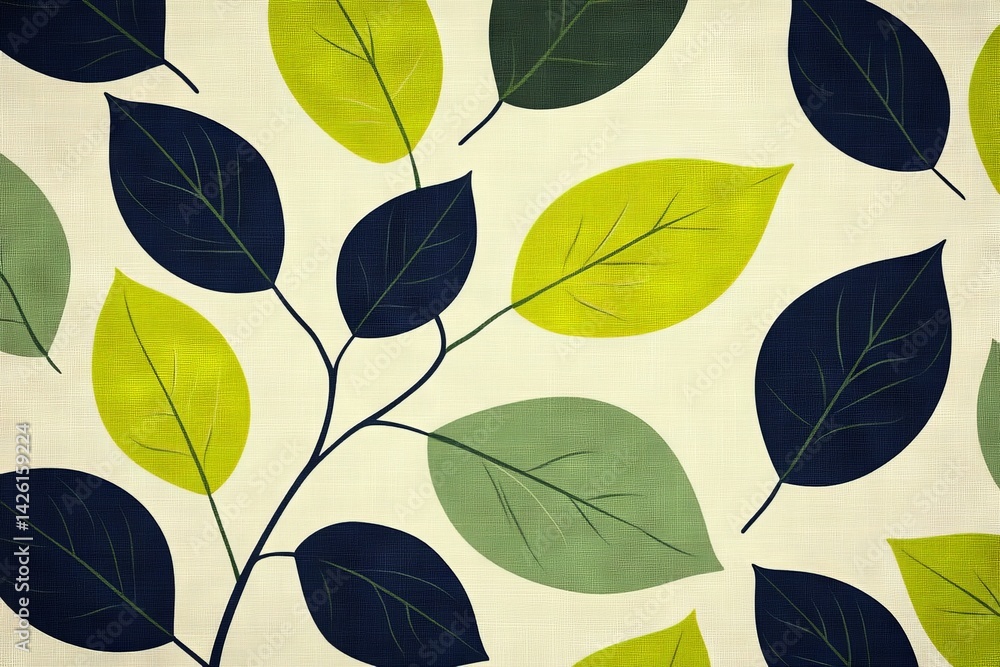 Colorful leaf pattern on fabric background showcasing various shades of green and navy blue in a modern design Colorful leaf pattern on fabric background showcasing various shades of green and navy blue in a modern design
