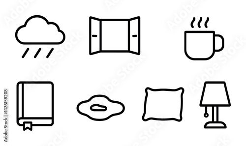 Cozy indoor activities icon set: line style for home comfort and relaxation themes