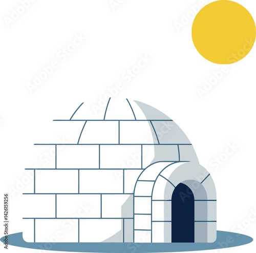 Igloo under bright yellow sun in minimalist style with shadow vector illustration 