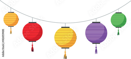 Colorful hanging paper lanterns decoration in red yellow purple green vector illustration 