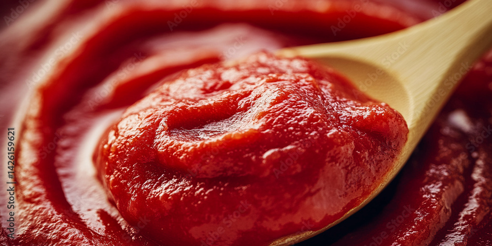 Freshly prepared pasta or pizza sauce in bowl with wooden spoon