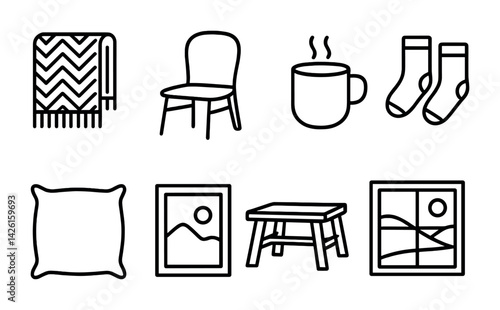 Cozy home essentials icon set: line art collection of cozy living items
