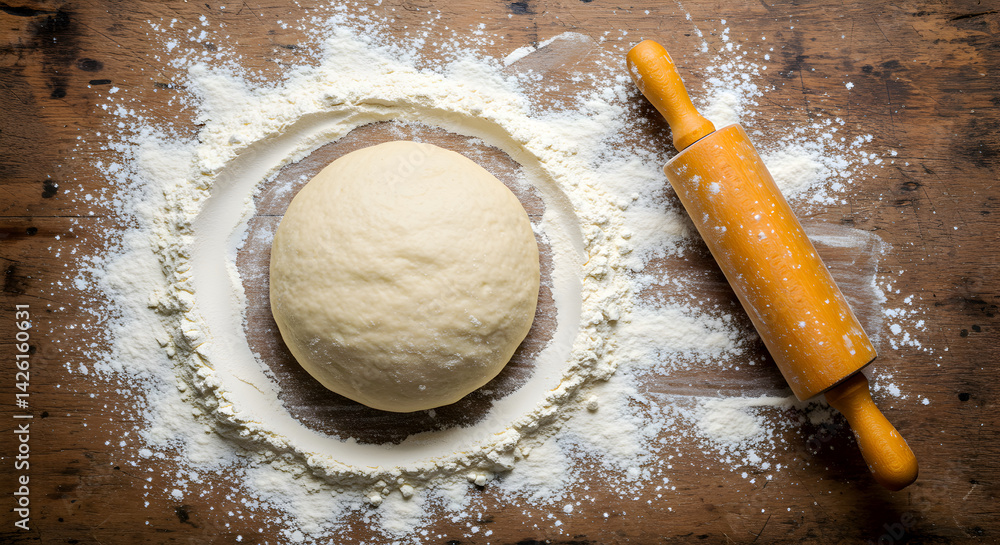 Fresh Dough Ball Resting Amidst Flour Dust On Rustic Wooden Surface Fresh Dough Ball Resting Amidst Flour Dust On Rustic Wooden Surface
