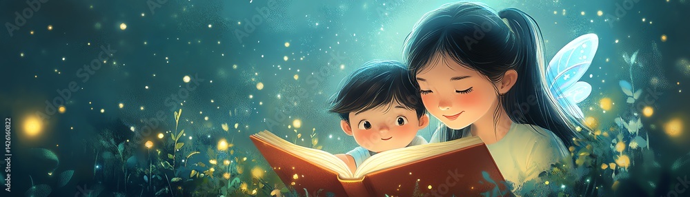 Illustration of a young girl and child reading a family storybook Illustration of a young girl and child reading a family storybook