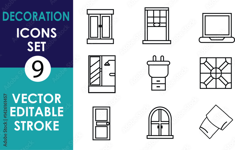 A minimalist vector icon set of 9 black outlined household decoration elements including windows, doors, sink, tiles, towel, and mirror, on a white background A minimalist vector icon set of 9 black outlined household decoration elements including windows, doors, sink, tiles, towel, and mirror, on a white background