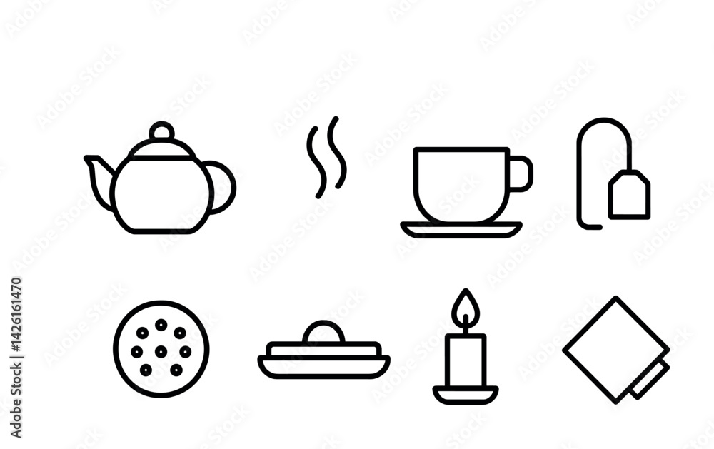 Tea-themed linear icon set: teapot, cup, tea bag, biscuit, butter, candle, napkin