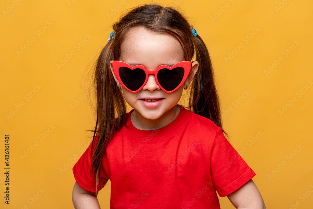 Smiling little child girl dressed in a red t-shirt and red funny sunglasses on yellow studio background. Summer travel vacation with children, advertising concept. Banner, mock up, copy space