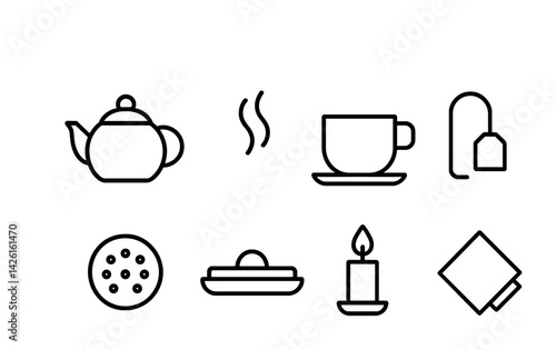 Obraz na płótnie Tea-themed linear icon set: teapot, cup, tea bag, biscuit, butter, candle, napkin w salonie
