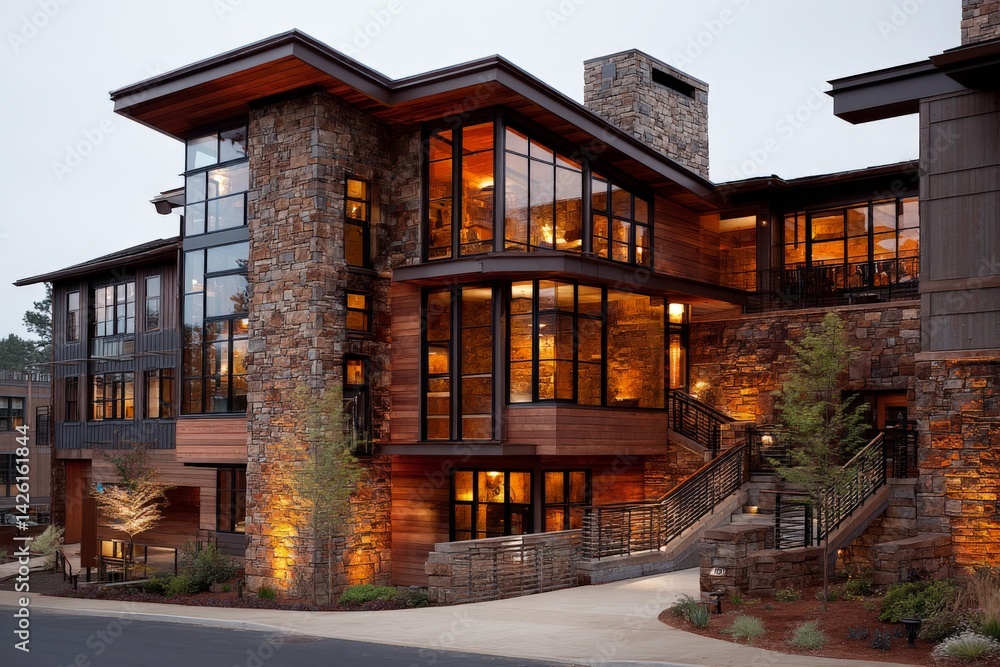 Elegant stone and wood building with large windows at dusk showcasing modern architectural design in a serene location Elegant stone and wood building with large windows at dusk showcasing modern architectural design in a serene location