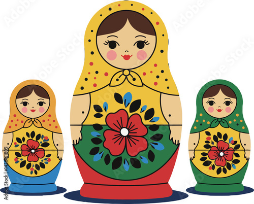 Russian Matryoshka Dolls Traditional Nesting Dolls with Floral Designs in Yellow and Green 