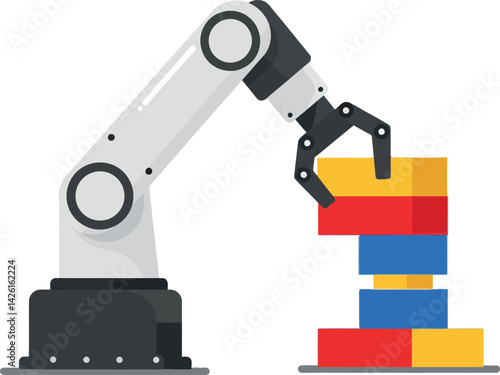Industrial robotic arm assembling colorful blocks automation technology vector illustration 