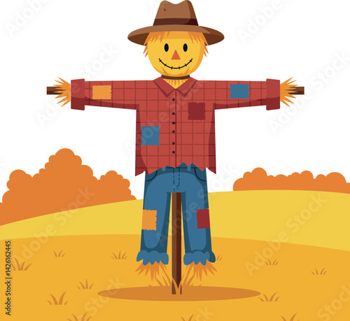 Scarecrow with brown hat and patched clothes in autumn field landscape vector illustration 