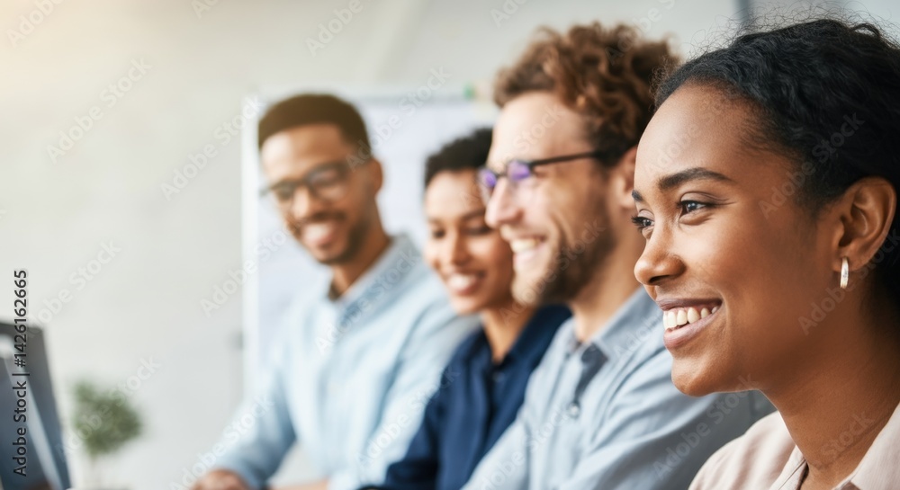 Diverse group of young adults smiling and collaborating in office setting Diverse group of young adults smiling and collaborating in office setting