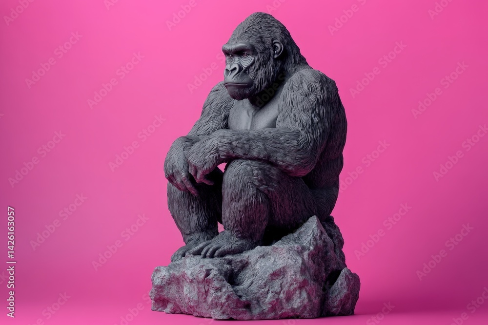 Fototapeta premium Gray gorilla statue sits on rocks against a vibrant pink backdrop.