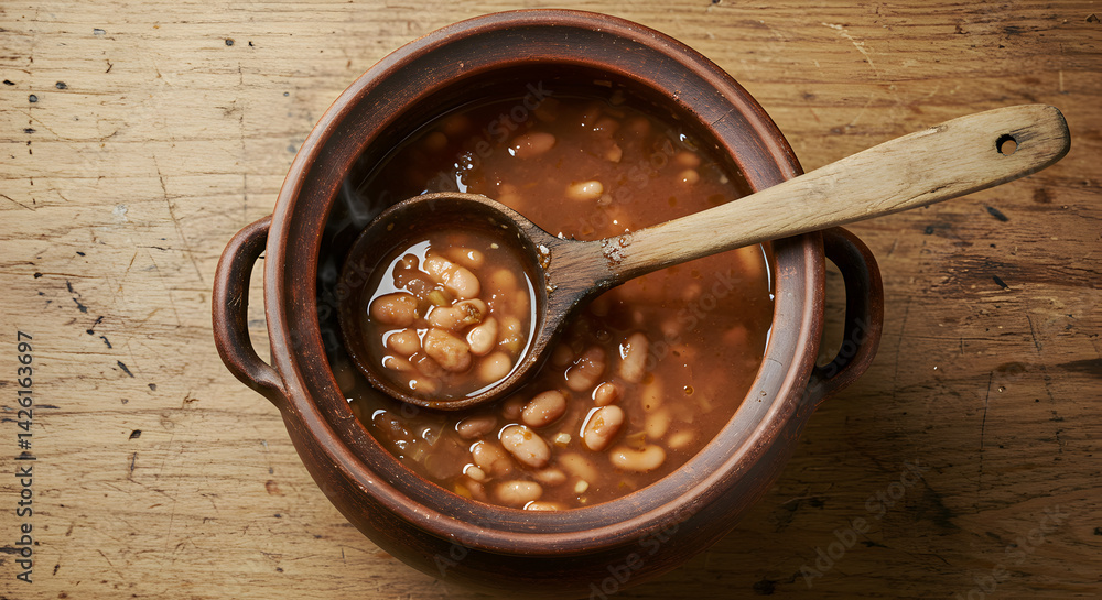 Rustic Baked Beans Served in an Earthenware Pot With a Wooden Ladle Rustic Baked Beans Served in an Earthenware Pot With a Wooden Ladle