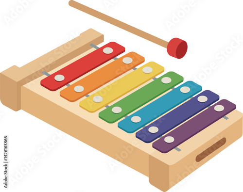 Colorful wooden xylophone musical instrument with mallet vector illustration 