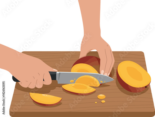 Hands Cutting Fresh Peach on Wooden Cutting Board with Knife Vector Illustration 